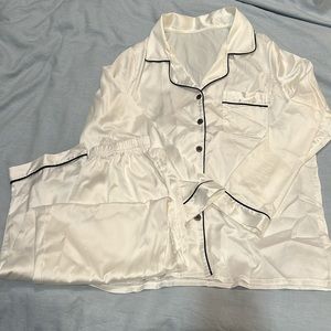 White satin sleep set with black piping